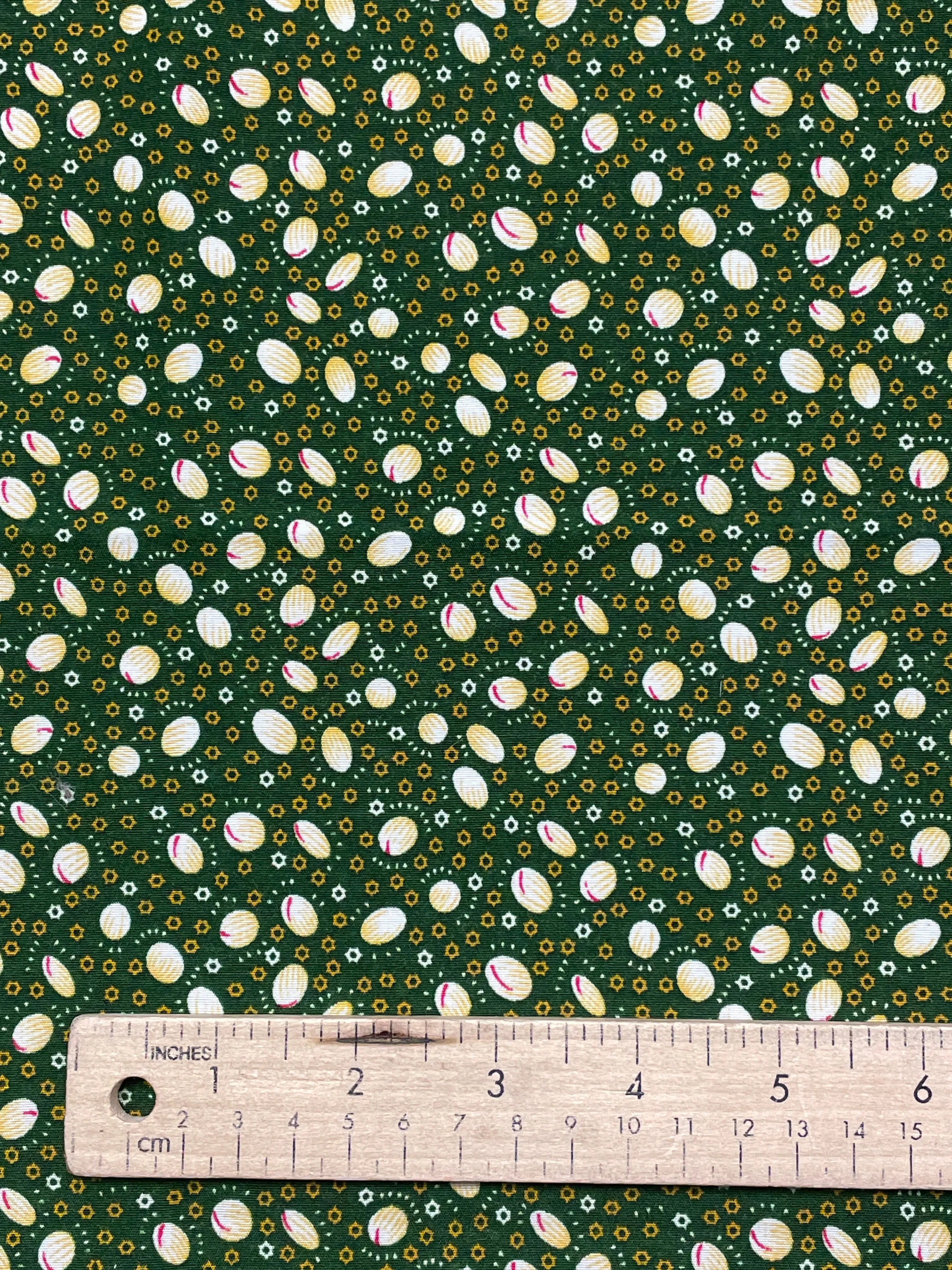 1 3/8 YD Rayon Vintage - Green with Disks of Off White, Yellow and Red