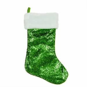 18" Shiny Metallic Green Sequined Christmas Stocking with White Faux Fur Cuff