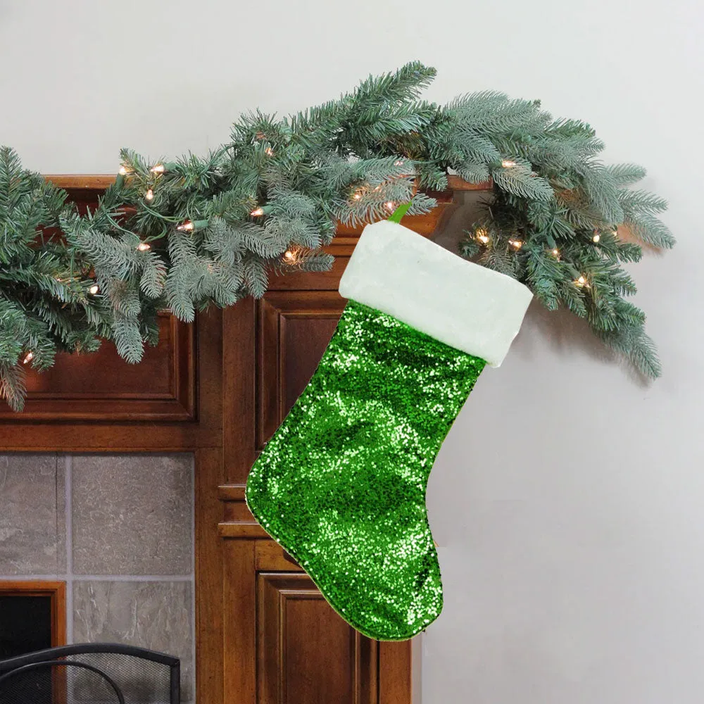 18" Shiny Metallic Green Sequined Christmas Stocking with White Faux Fur Cuff