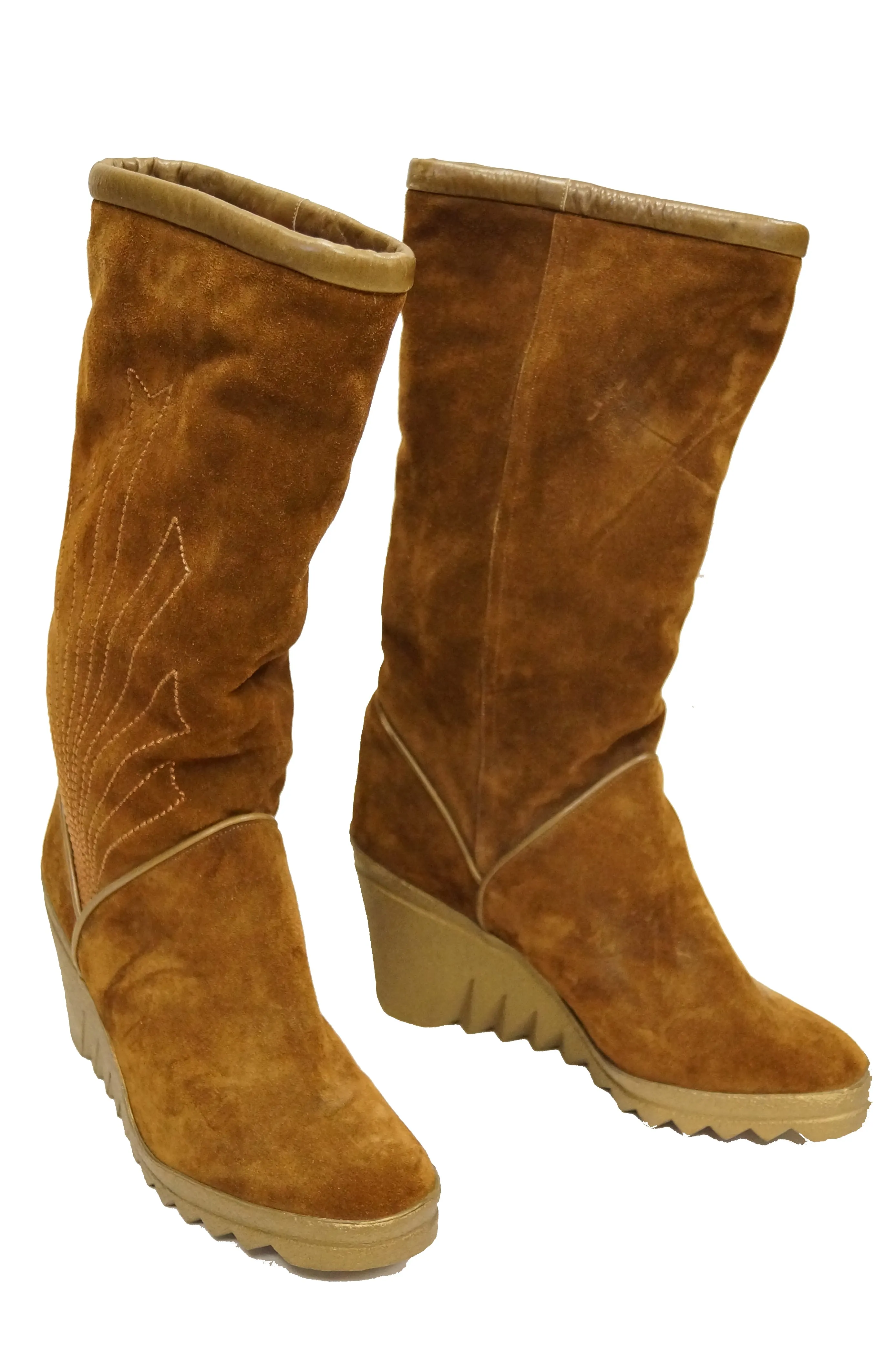 1970s Charles Jourdan Chestnut Suede Wedge Sunrise Stitch Boots