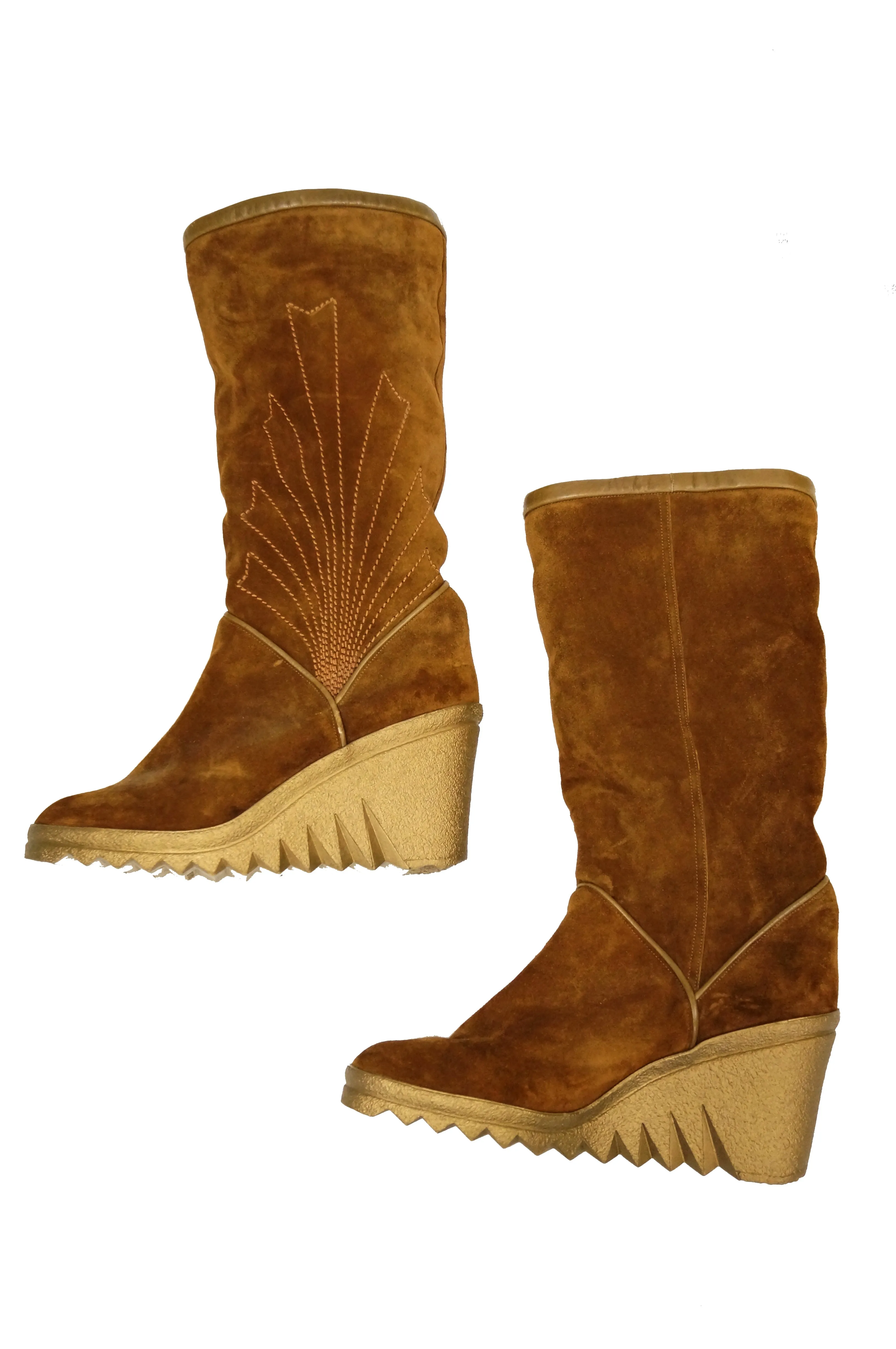 1970s Charles Jourdan Chestnut Suede Wedge Sunrise Stitch Boots