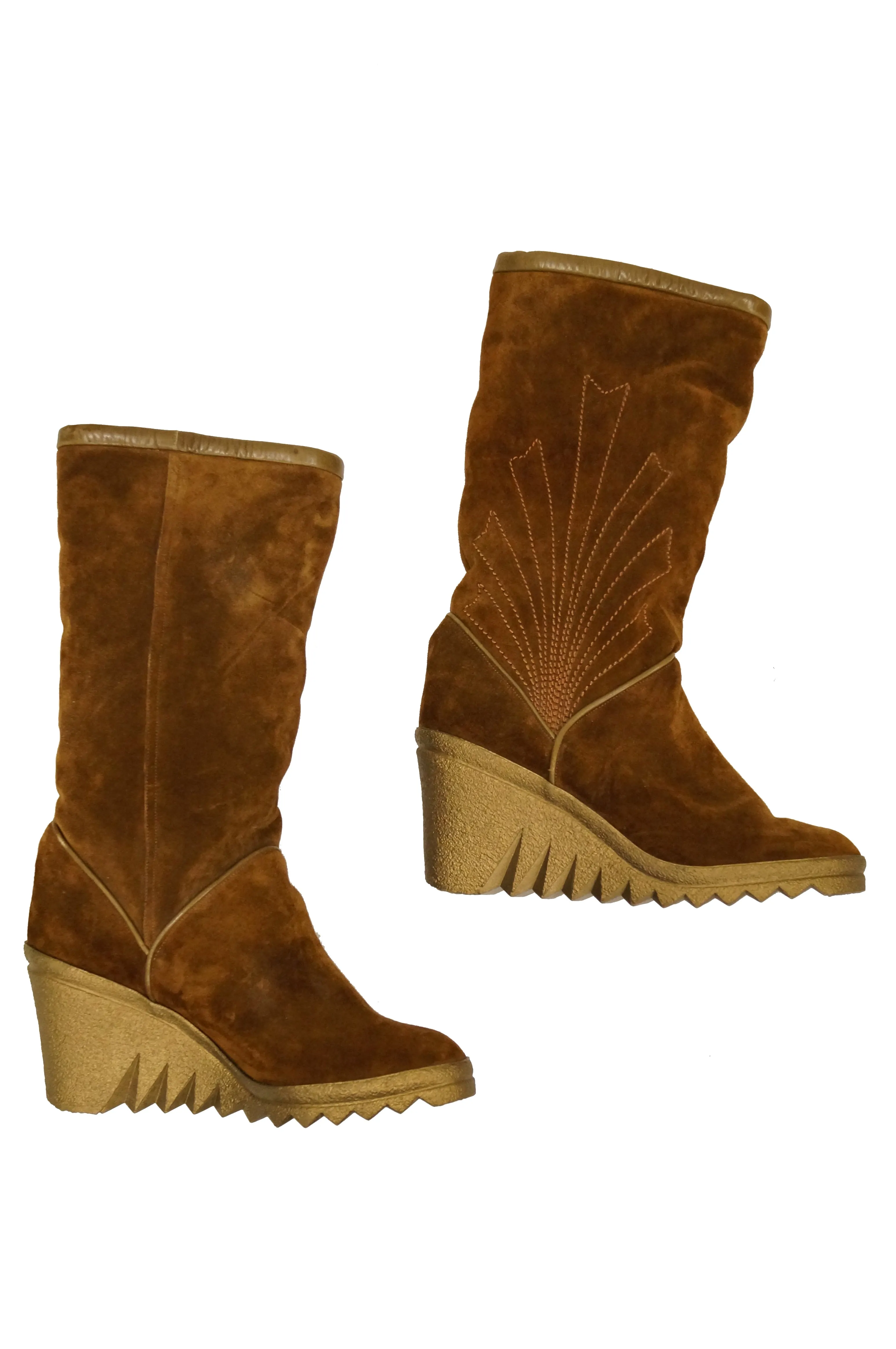 1970s Charles Jourdan Chestnut Suede Wedge Sunrise Stitch Boots