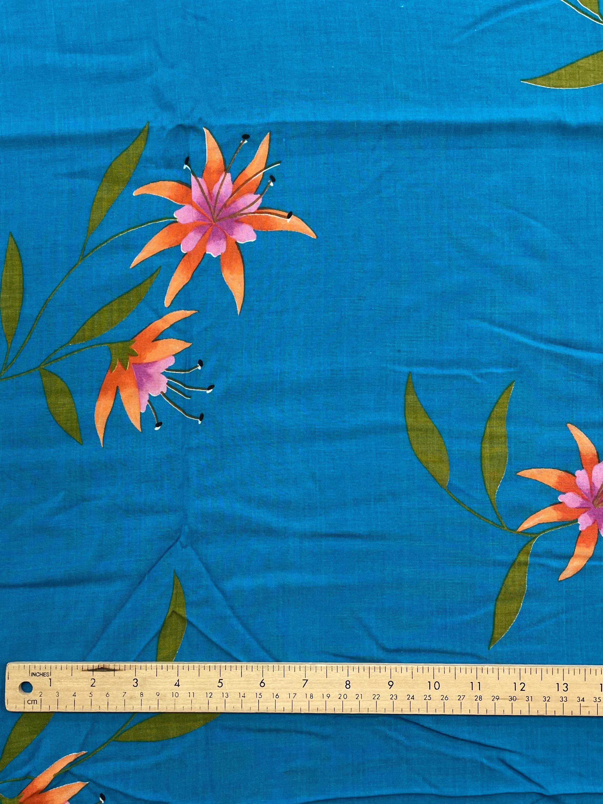 2 2/3 YD Rayon Vintage - Turquoise with Flowers