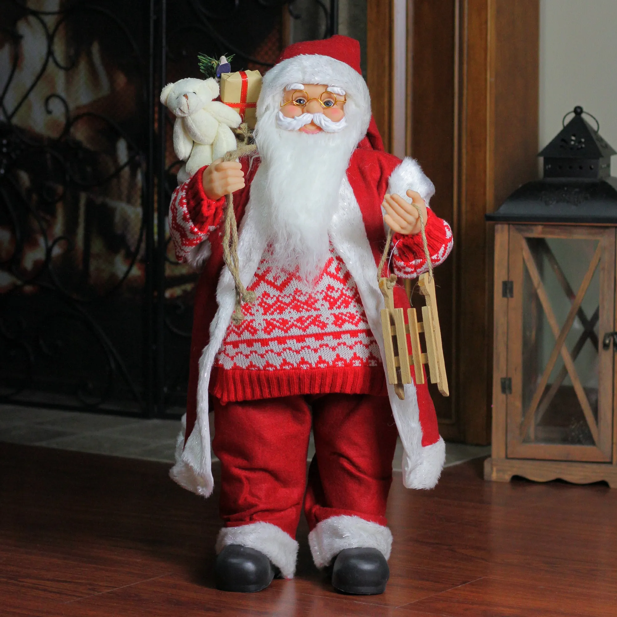 24" Country Twist Standing Santa Claus Christmas Figure with Snow Sled and Gift Sack