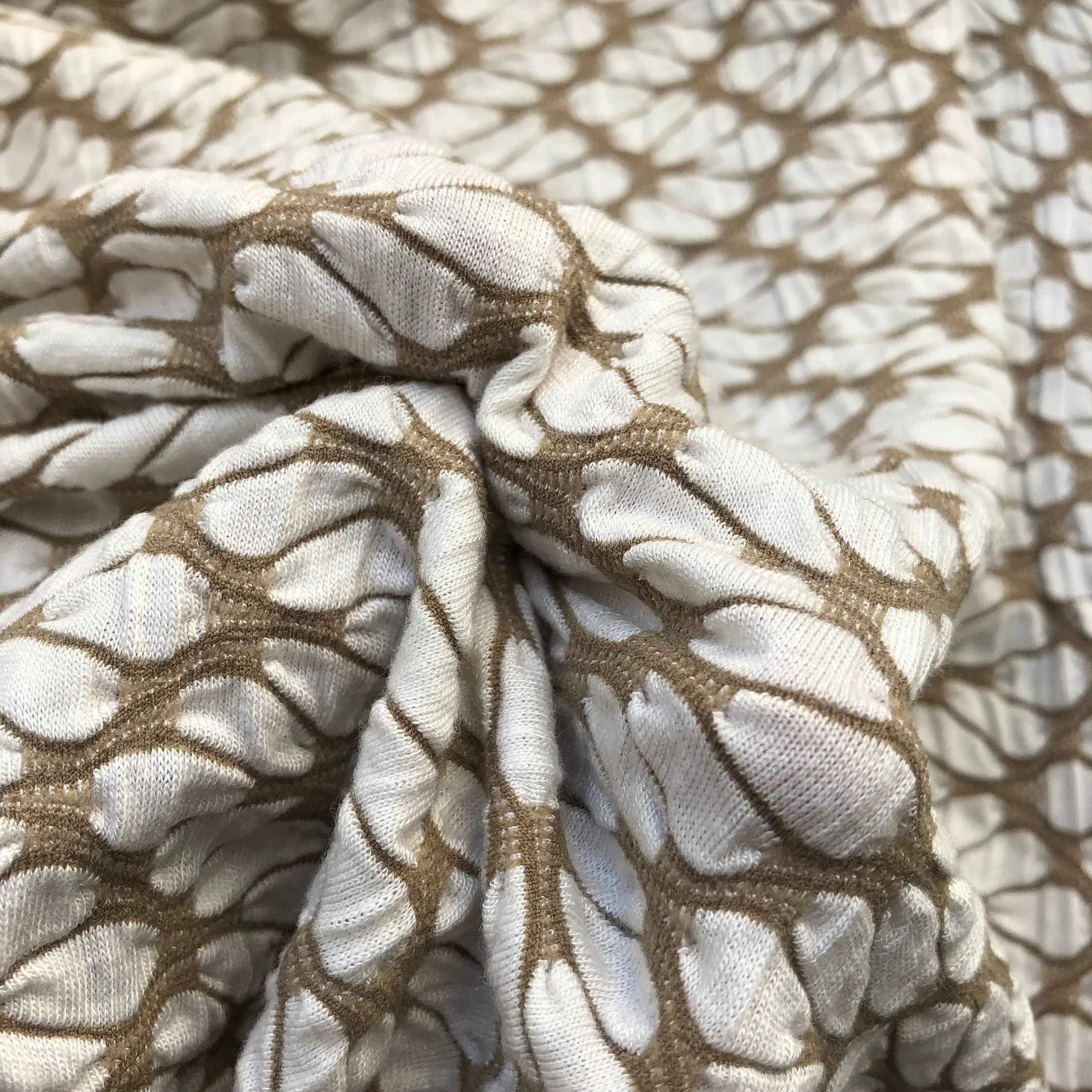 64" Rayon Spandex Lycra Stretch Khaki Beige & White Ikat Leaf Floral Check Jacquard Knit Fabric By the Yard