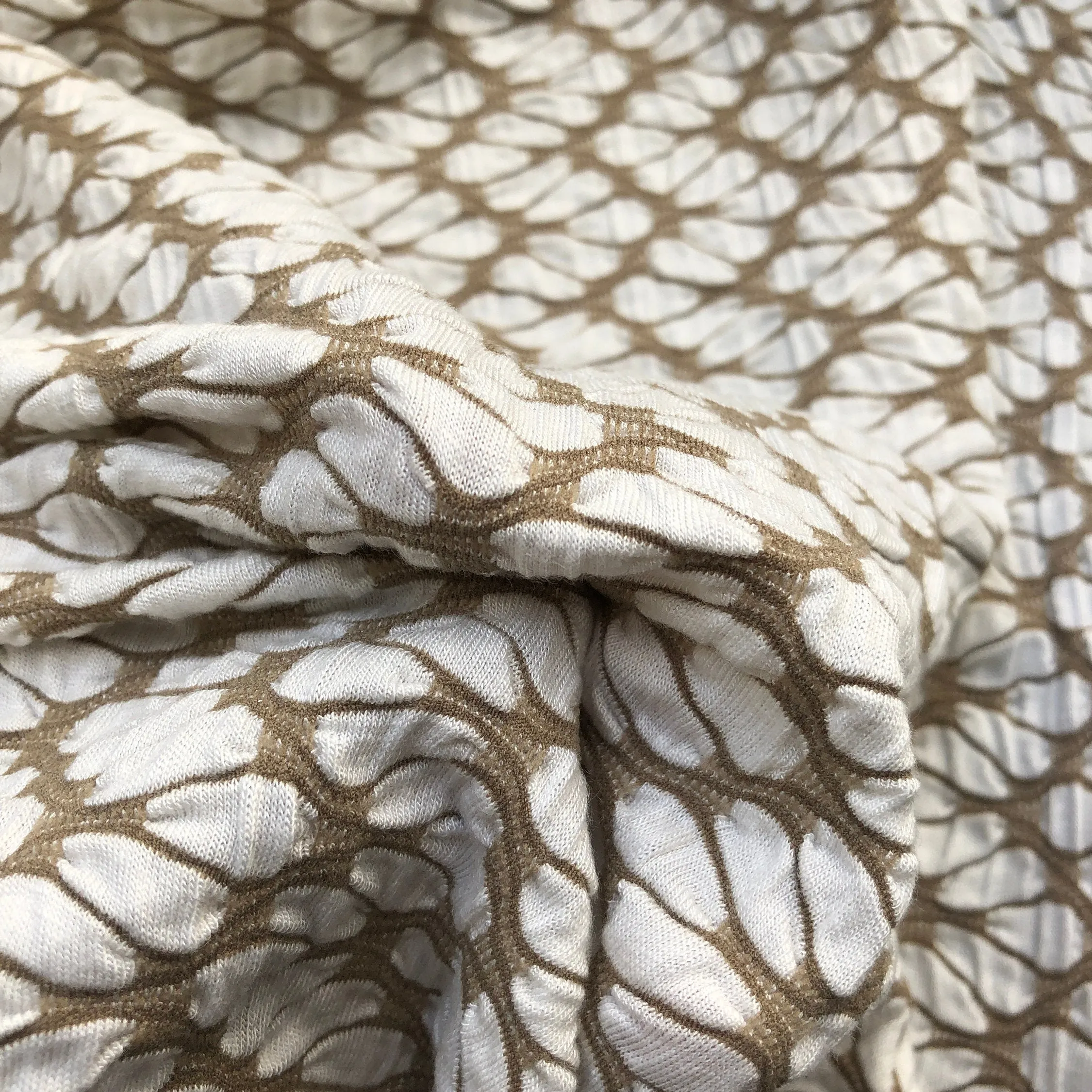 64" Rayon Spandex Lycra Stretch Khaki Beige & White Ikat Leaf Floral Check Jacquard Knit Fabric By the Yard