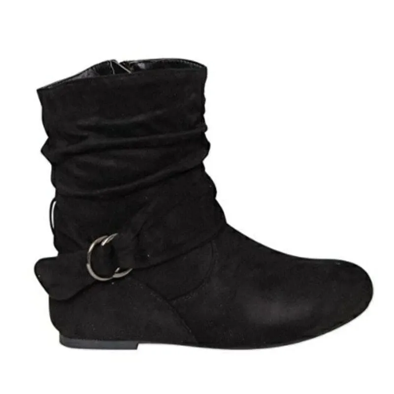 Adjustable Buckle Flat Heel Suede Slouchy Boots