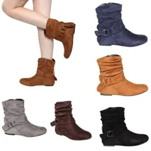 Adjustable Buckle Flat Heel Suede Slouchy Boots