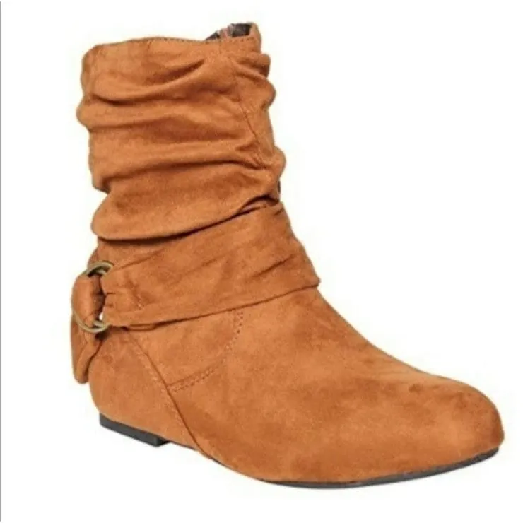 Adjustable Buckle Flat Heel Suede Slouchy Boots