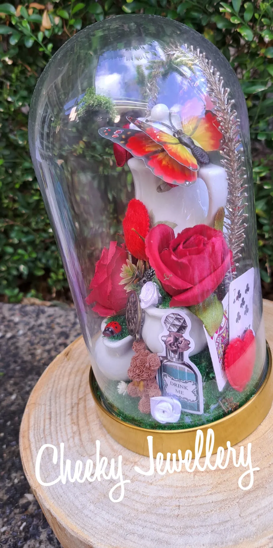 Alice in wonderland inspired dome centrepieces on glass stand. Themed party, Great gifts for birthdays and Christmas. Cute themed gifts and wedding decor.