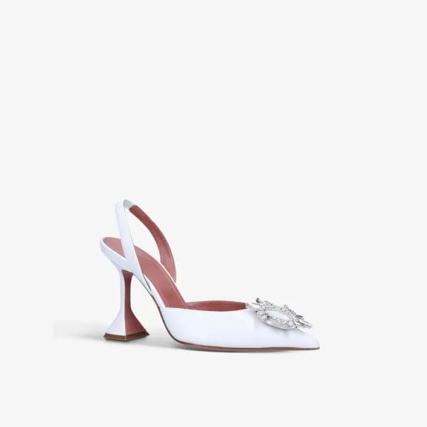 Amina Muaddi Crystal Embellished Begum Satin Heels, White