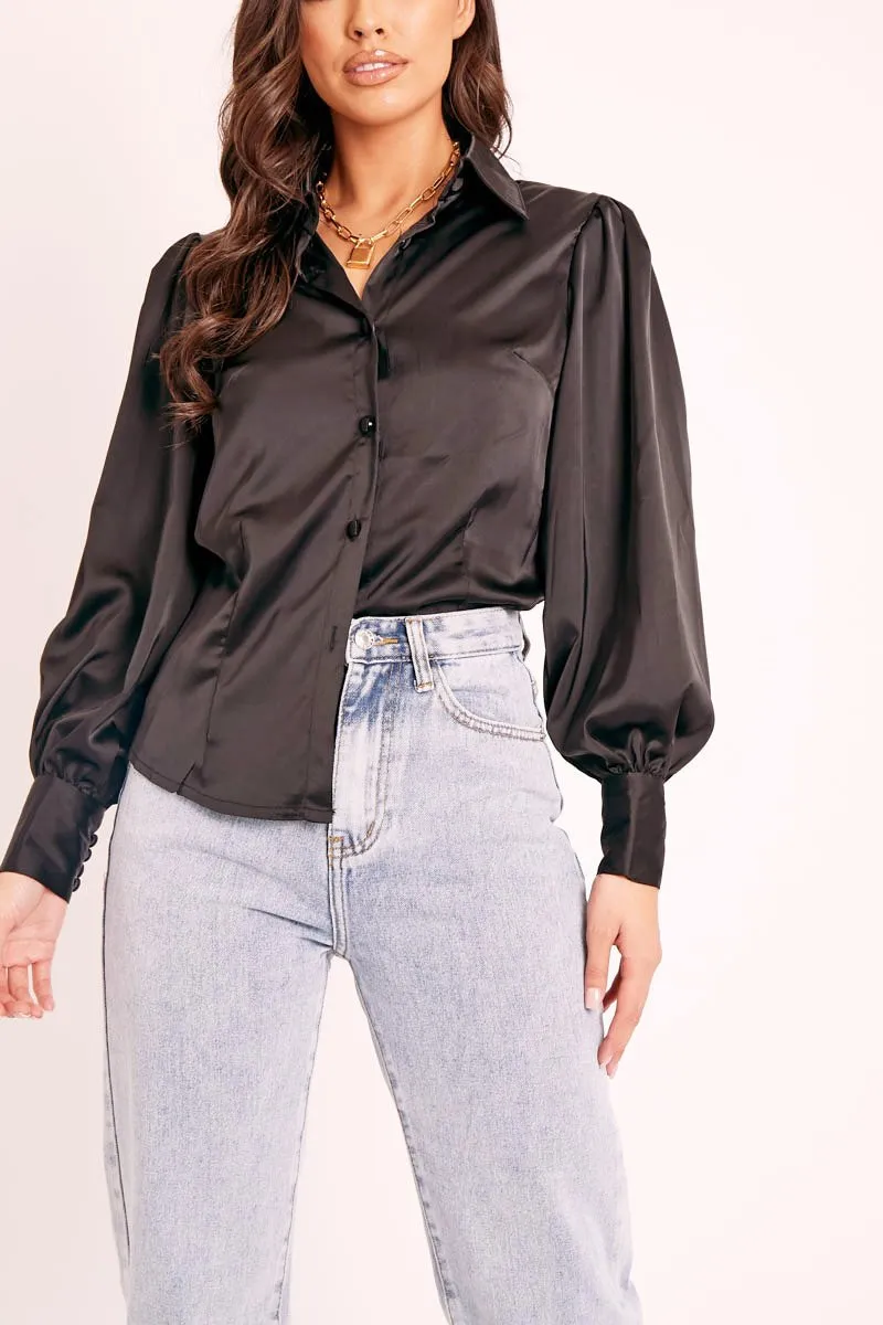 Black Satin Covered Button Shirt - Eliza