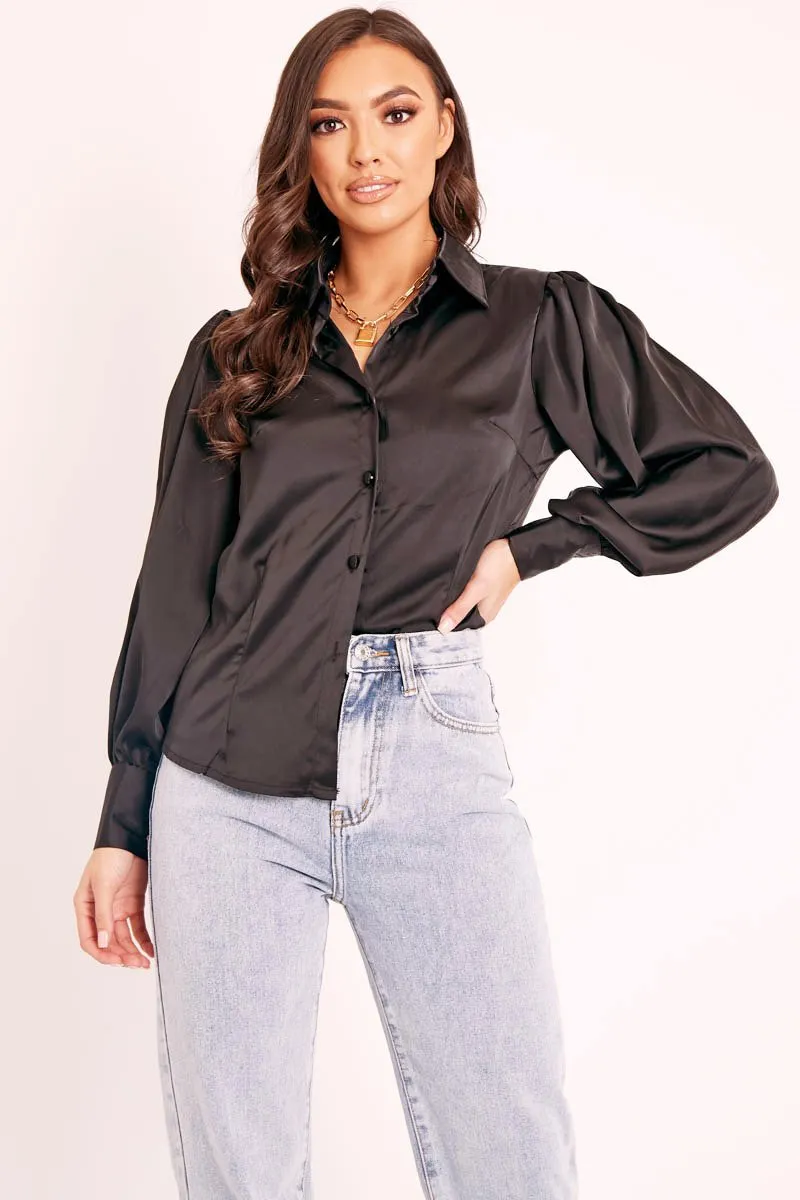 Black Satin Covered Button Shirt - Eliza