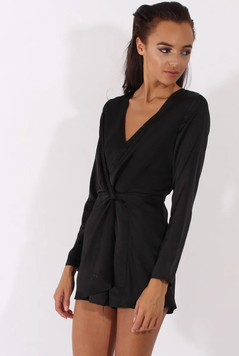 Black Silky Front Twist Playsuit - Venus