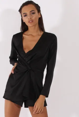 Black Silky Front Twist Playsuit - Venus