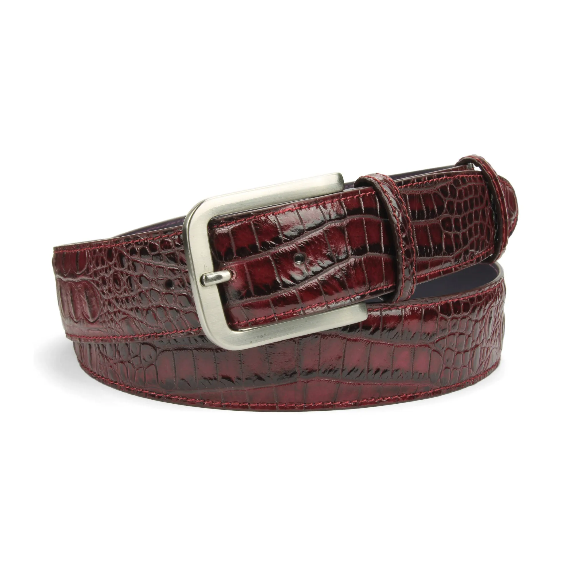 Burgundy mock crocodile gold buckle belt