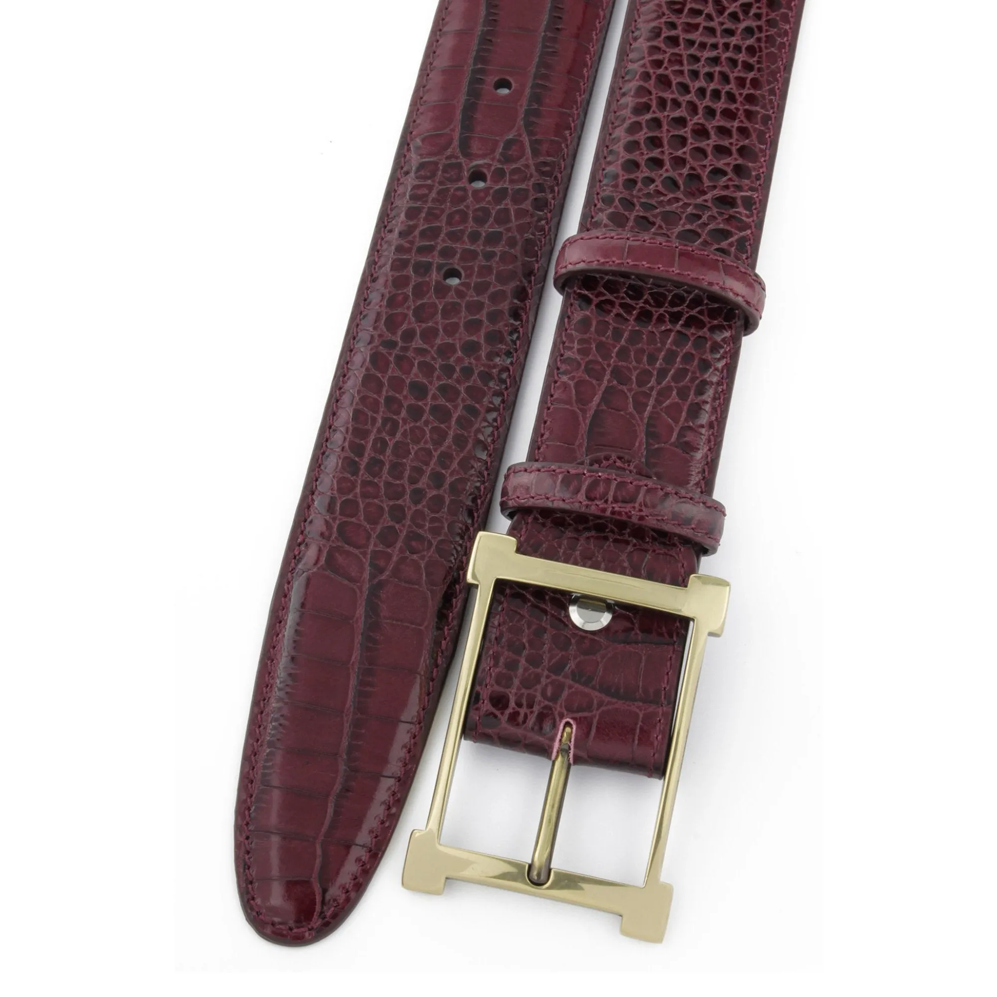 Burgundy mock crocodile gold buckle belt