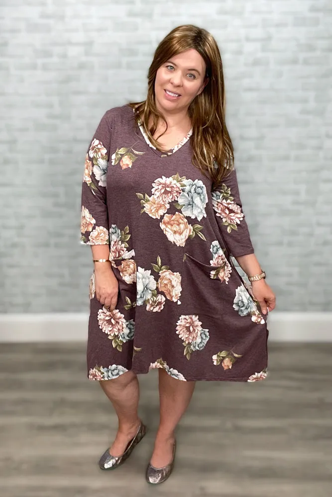 Dusty Plum Floral 3/4 Sleeve Front Pocket Fall Dress