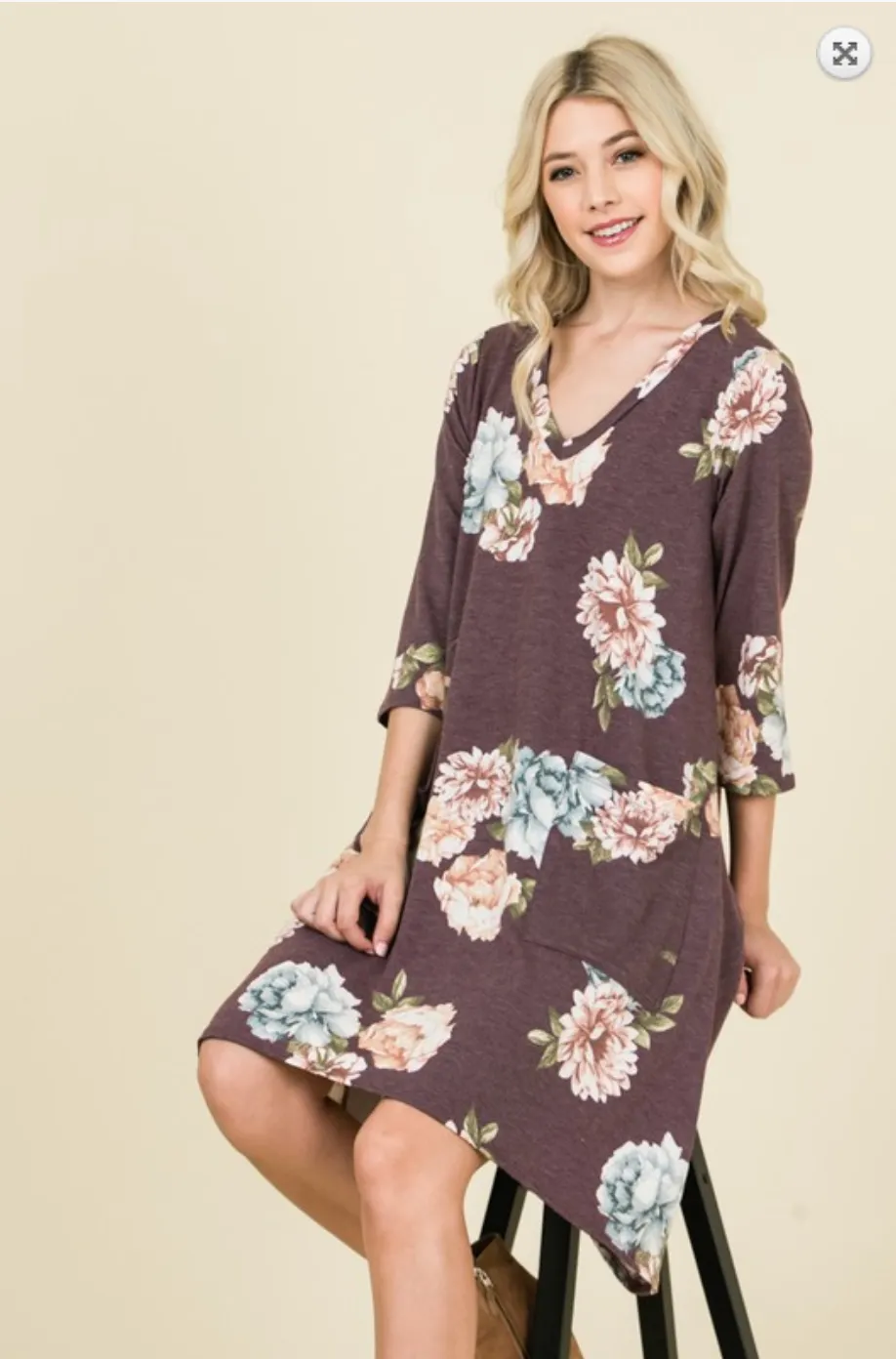 Dusty Plum Floral 3/4 Sleeve Front Pocket Fall Dress