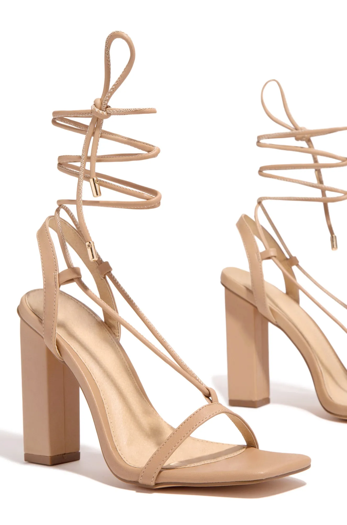 Evonne Lace Up Block Heels - Nude