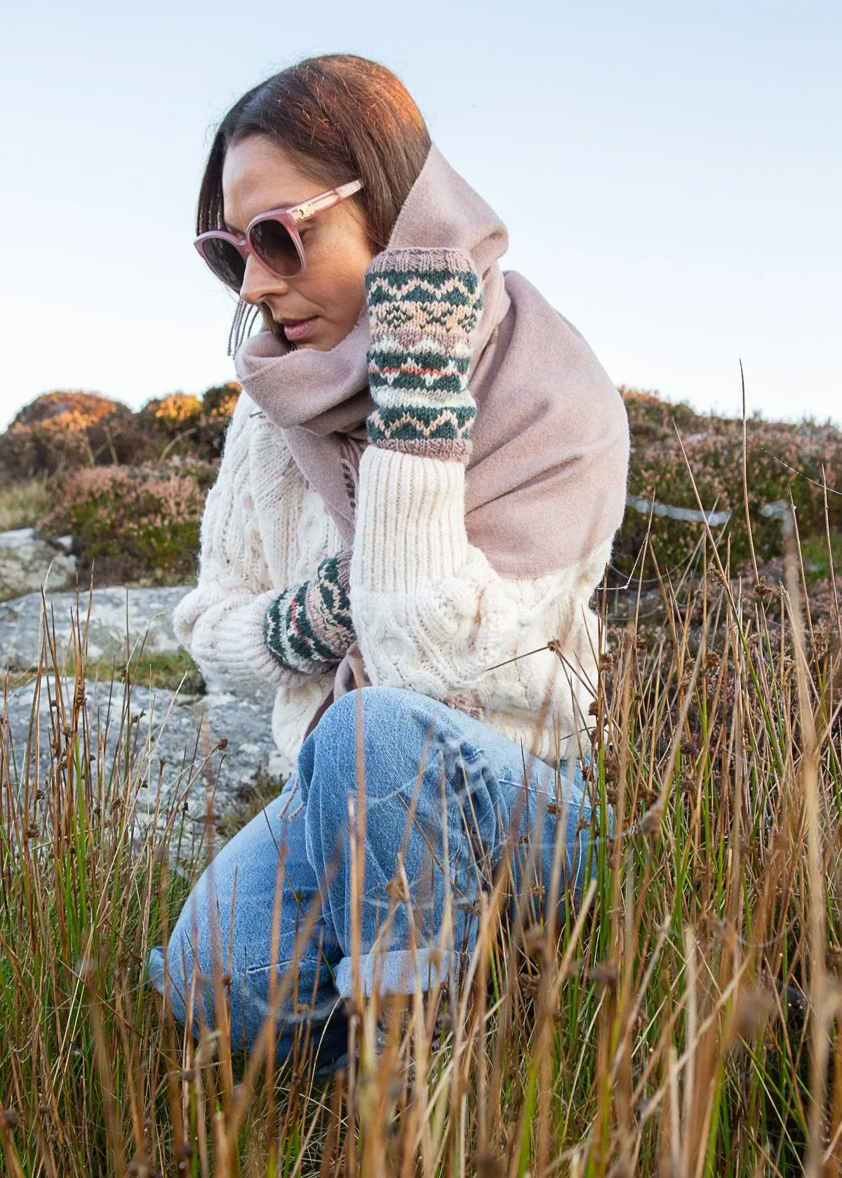 Fair Isle Wrist Warmers - Dusty Mauve