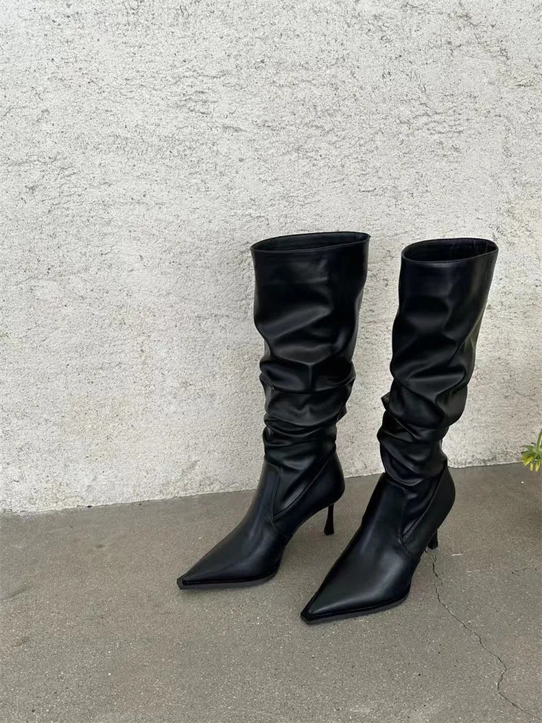 Fall  New Pointed-Toe Retro Pleated Leather Boots High-Heeled High Top Long Boots Design Slimming Hot Girl Women's Boots