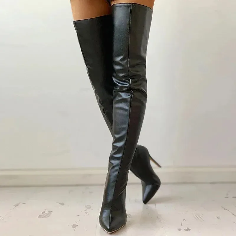 Faux Leather Over The Knee Boots