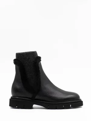 Fur trimmed ankle boots in grained black leather