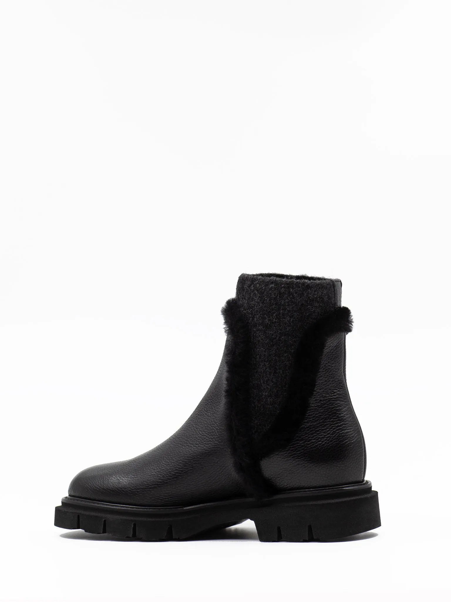 Fur trimmed ankle boots in grained black leather