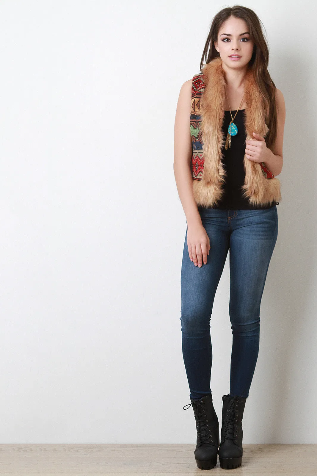 Fur Trimmed Tapestry Vest