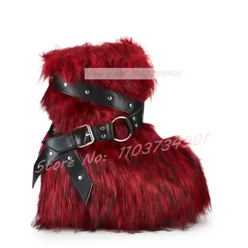 Furry Belt Buckle Rivets Chic Boots Women Trending Punk Round Toe