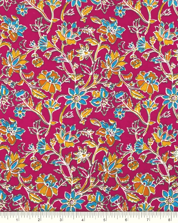 Hot Pink Floral Fabric | Multicolor Rayon Challis 58W