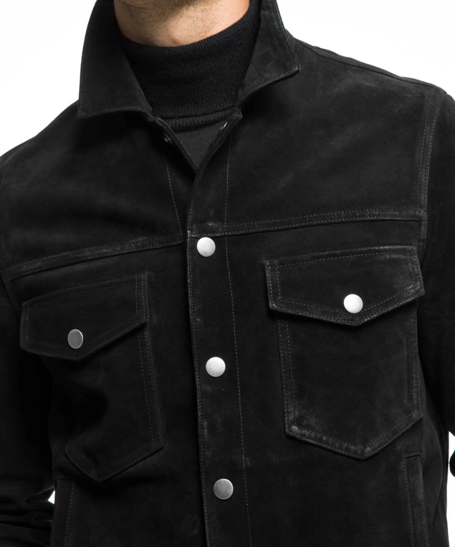 Italian Suede Snap Dylan Jacket in Black