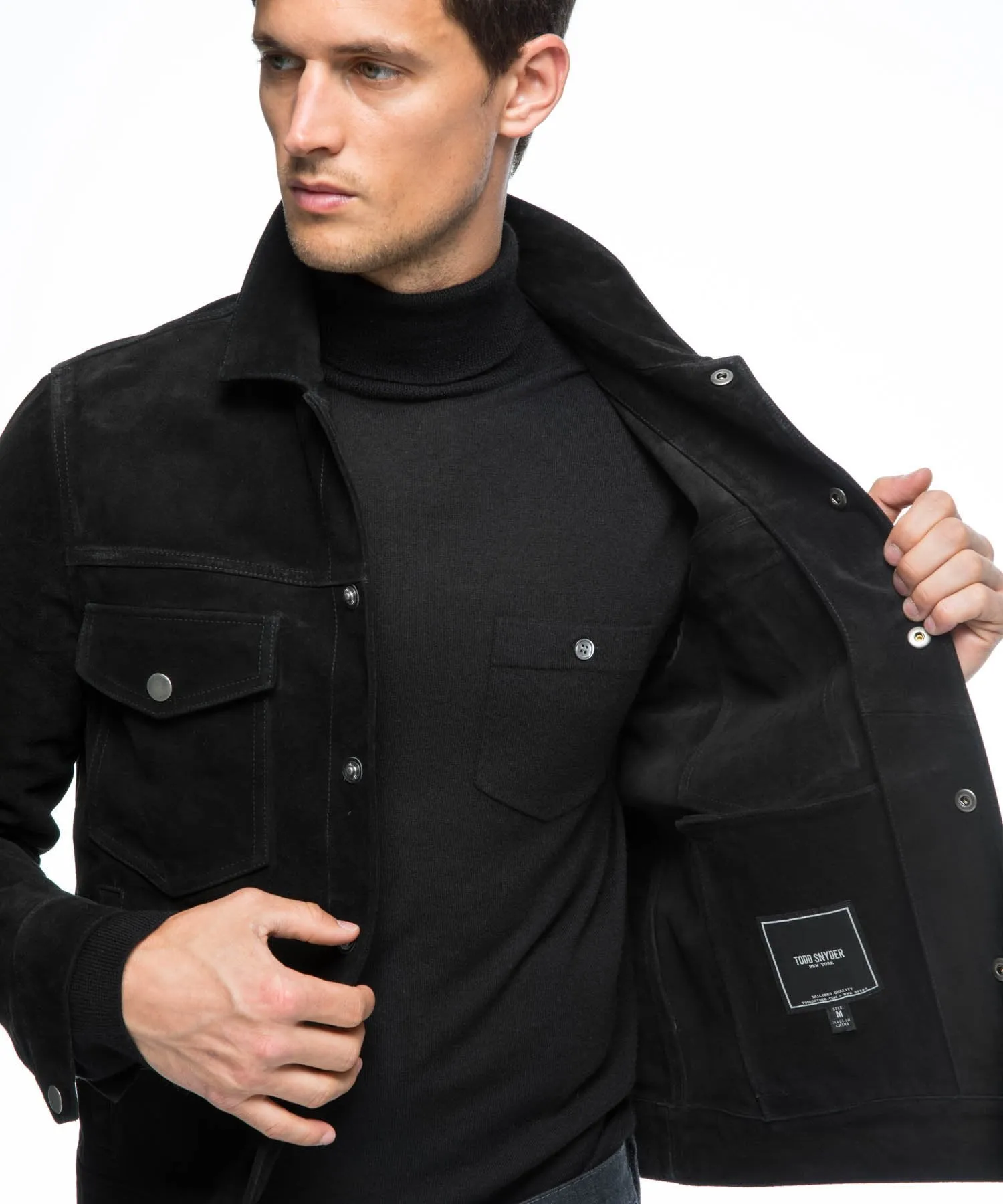 Italian Suede Snap Dylan Jacket in Black