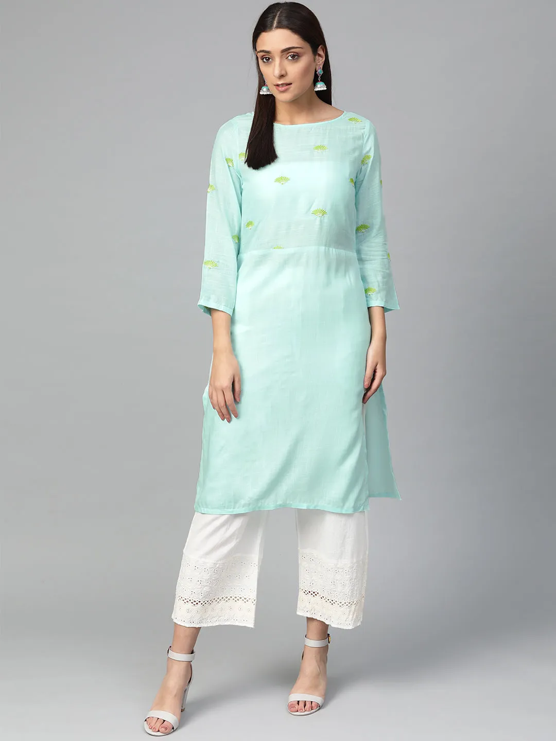 Jashvi Women Blue Yoke Design Straight Kurta