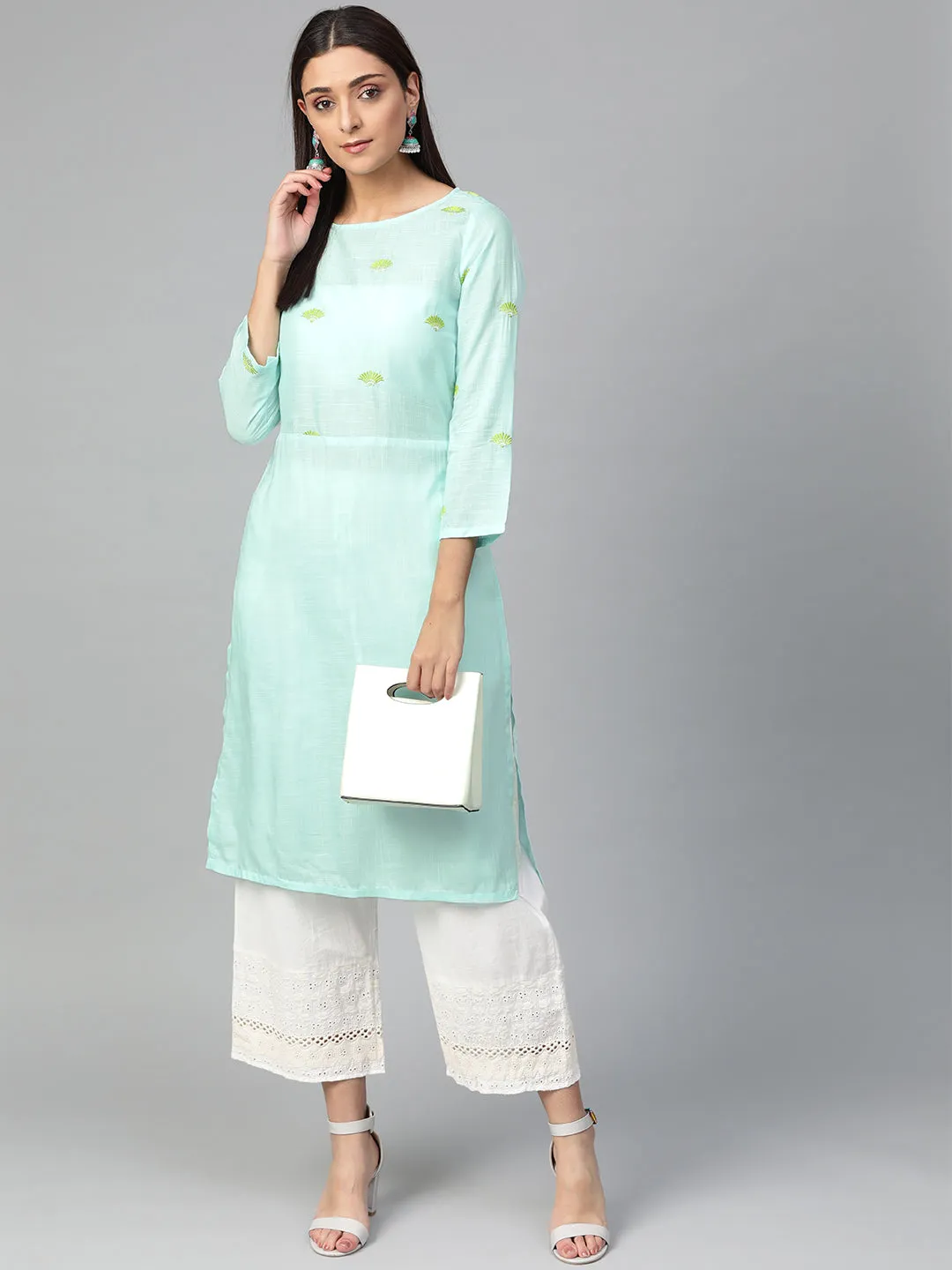 Jashvi Women Blue Yoke Design Straight Kurta