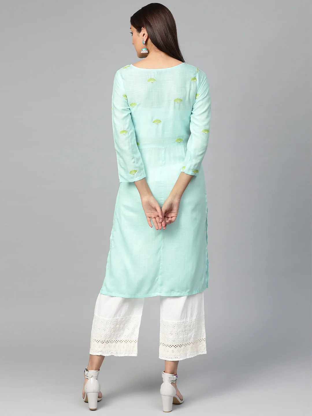 Jashvi Women Blue Yoke Design Straight Kurta