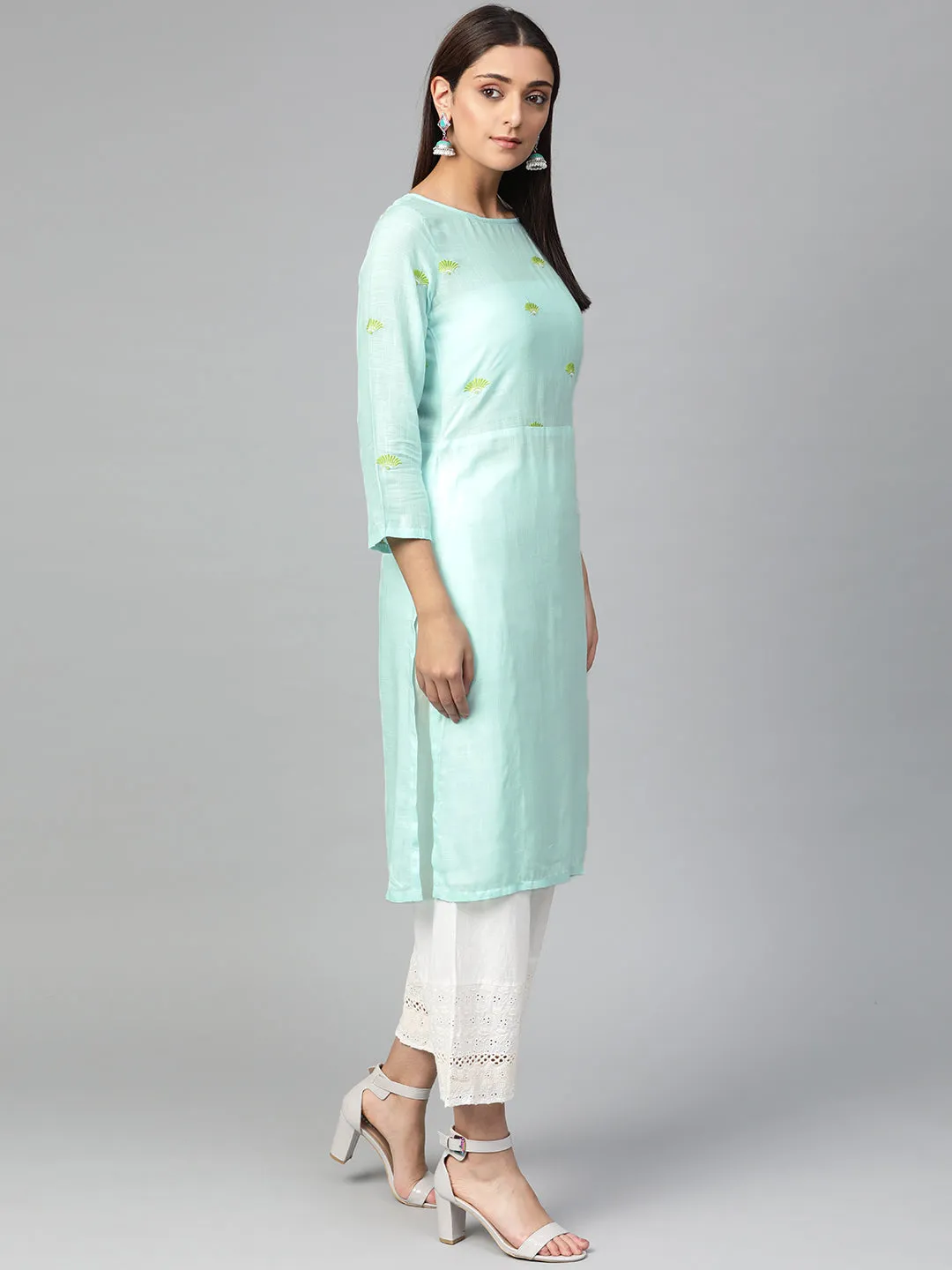 Jashvi Women Blue Yoke Design Straight Kurta