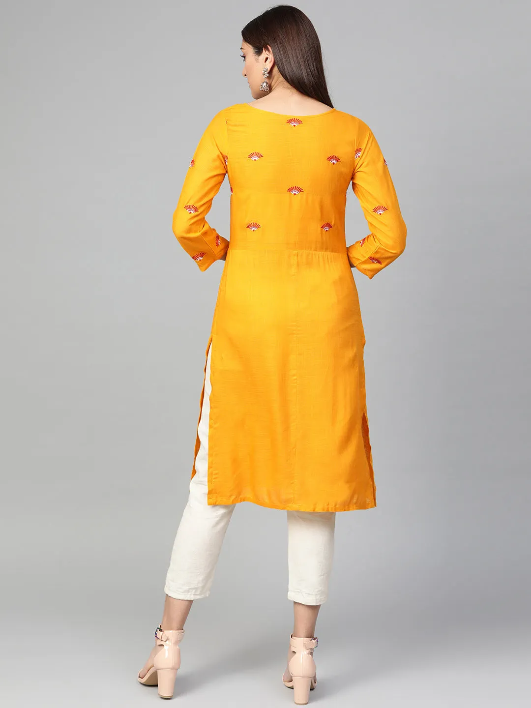 Jashvi Women Mustard Yoke Design Straight Kurta