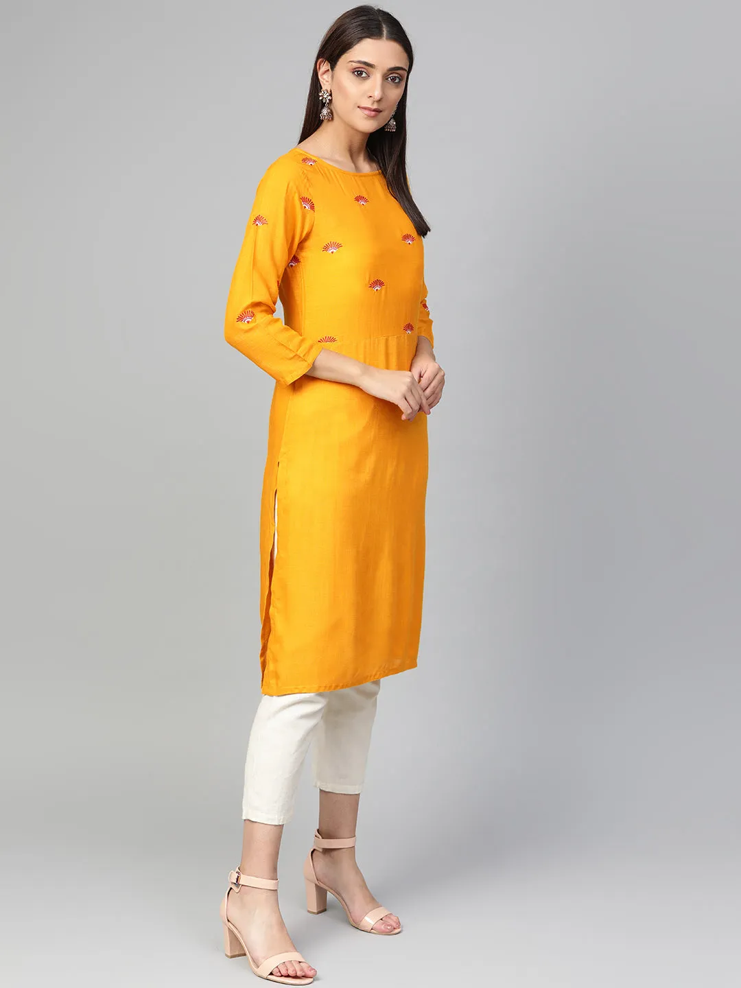 Jashvi Women Mustard Yoke Design Straight Kurta