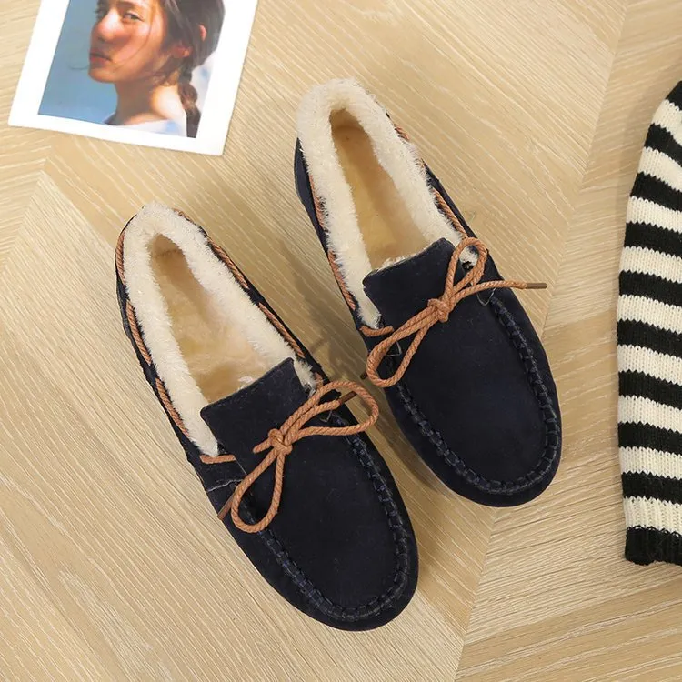 kamames Autumn And Winter New Doudou Shoes, Plush, Warm, Bow, Korean Version, Casual, Flat-Bottomed, Lazy Cotton Shoes.