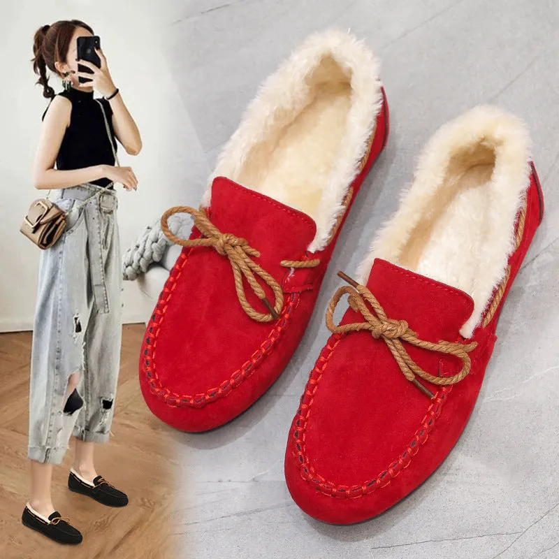 kamames Autumn And Winter New Doudou Shoes, Plush, Warm, Bow, Korean Version, Casual, Flat-Bottomed, Lazy Cotton Shoes.