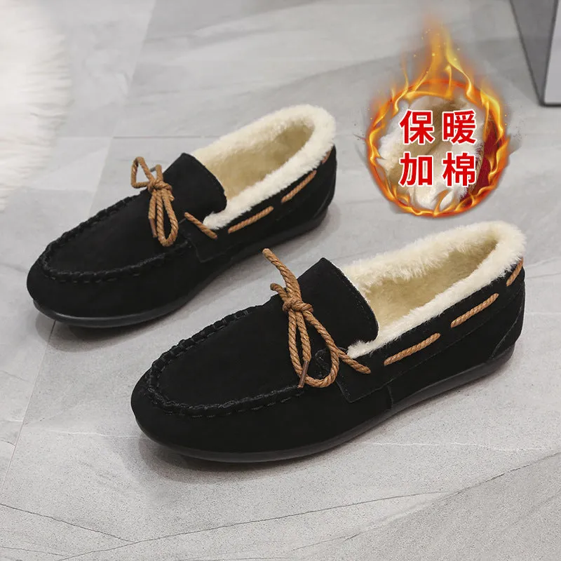 kamames Autumn And Winter New Doudou Shoes, Plush, Warm, Bow, Korean Version, Casual, Flat-Bottomed, Lazy Cotton Shoes.