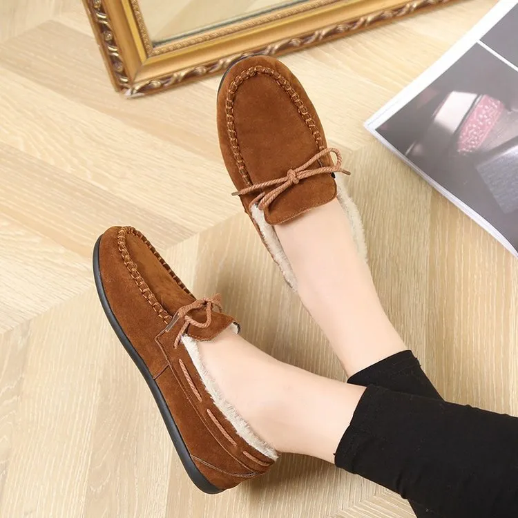 kamames Autumn And Winter New Doudou Shoes, Plush, Warm, Bow, Korean Version, Casual, Flat-Bottomed, Lazy Cotton Shoes.