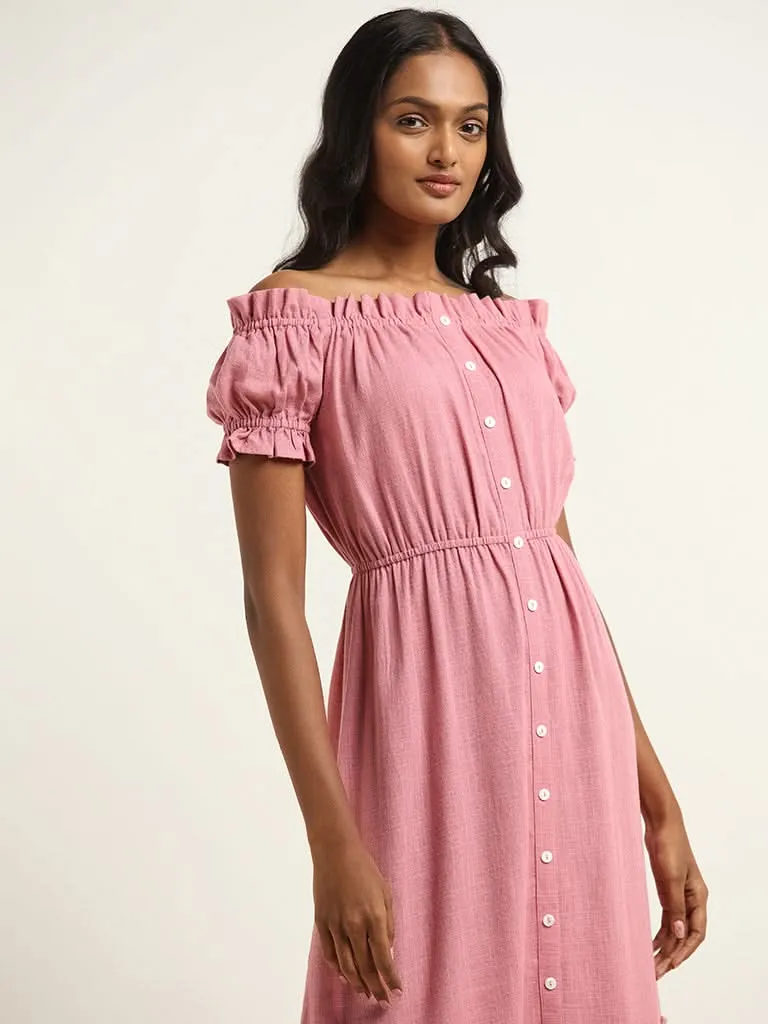 LOV Light Pink Off Shoulder Cotton Blended Linen Dress