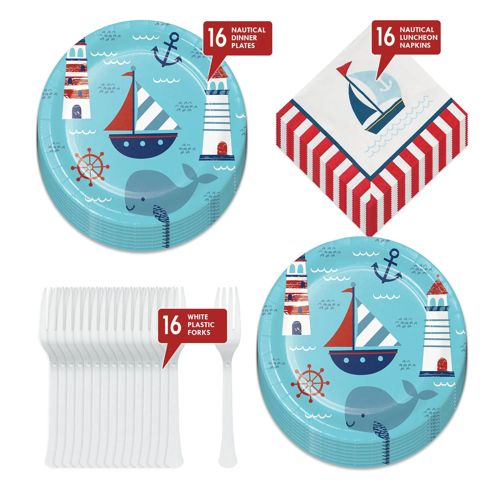 Nautical Party Supplies - Sailing Anchor Paper Dinner Plates, Luncheon Napkins, and Forks (Serves 16)