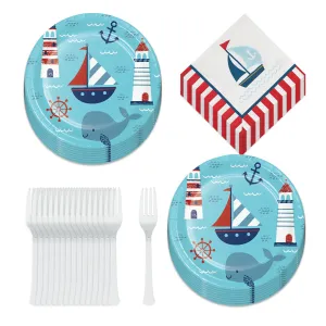 Nautical Party Supplies - Sailing Anchor Paper Dinner Plates, Luncheon Napkins, and Forks (Serves 16)