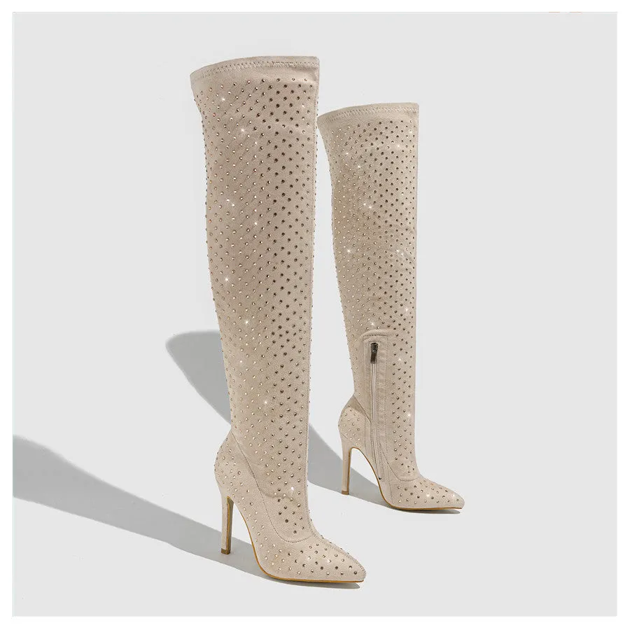 Rhinestone Covered Faux Suede Over The  Knee Boots