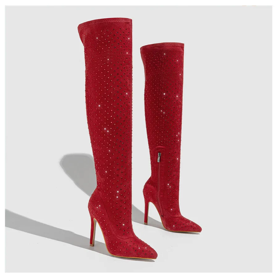 Rhinestone Covered Faux Suede Over The  Knee Boots