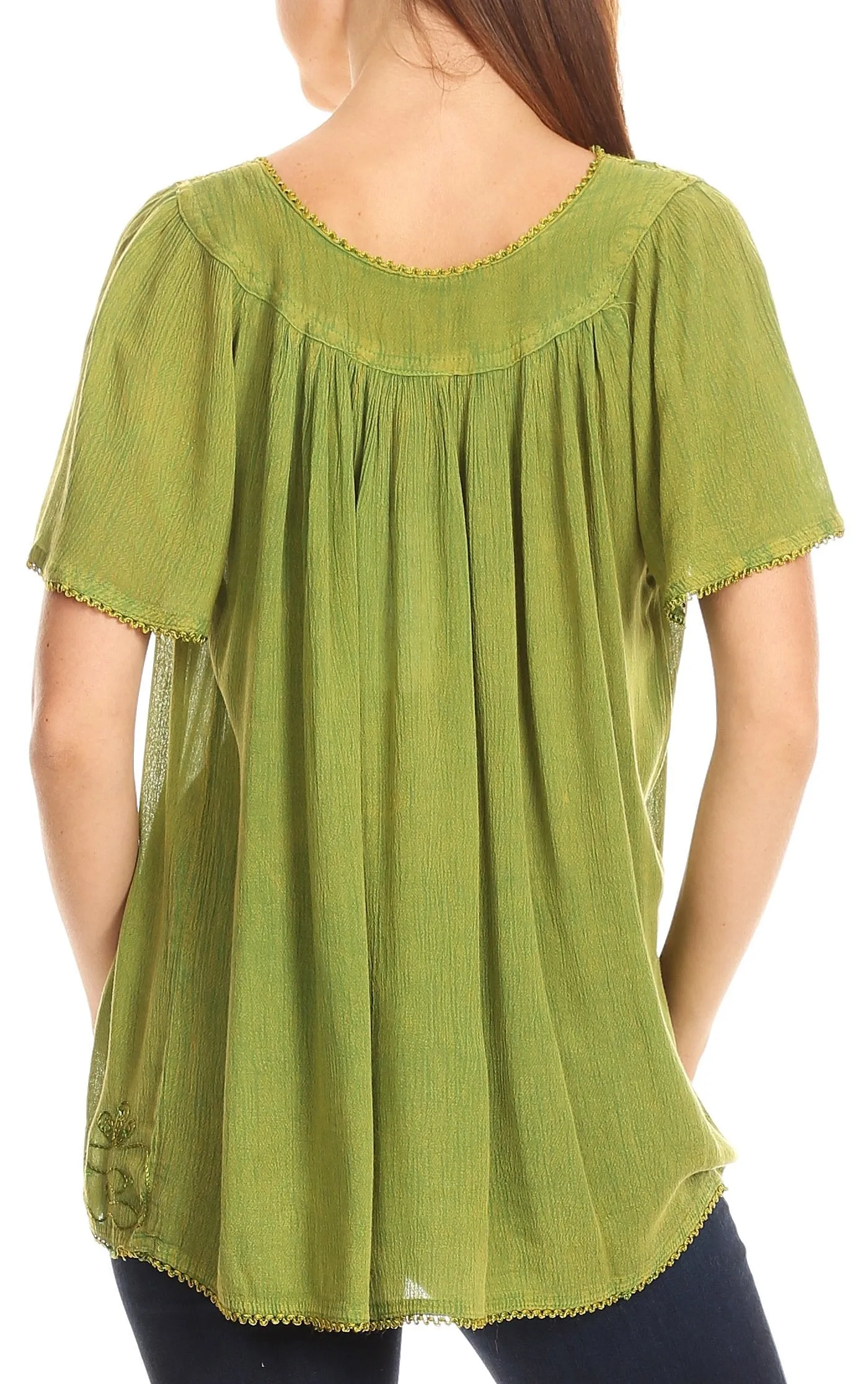 Sakkas Emma Crinkle V-neck Short Sleeve Top Blouse with Embroidery and Sequin